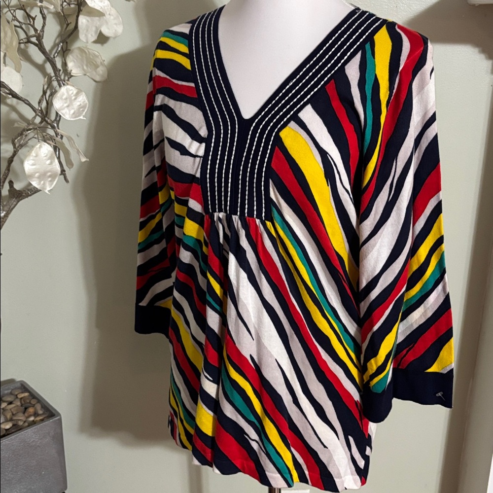 August Silk Colorful Striped V-Neck Blouse - Picture 6 of 6